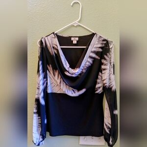 Elegant Worthington Black Cowl Neck Blouse with Feather Print